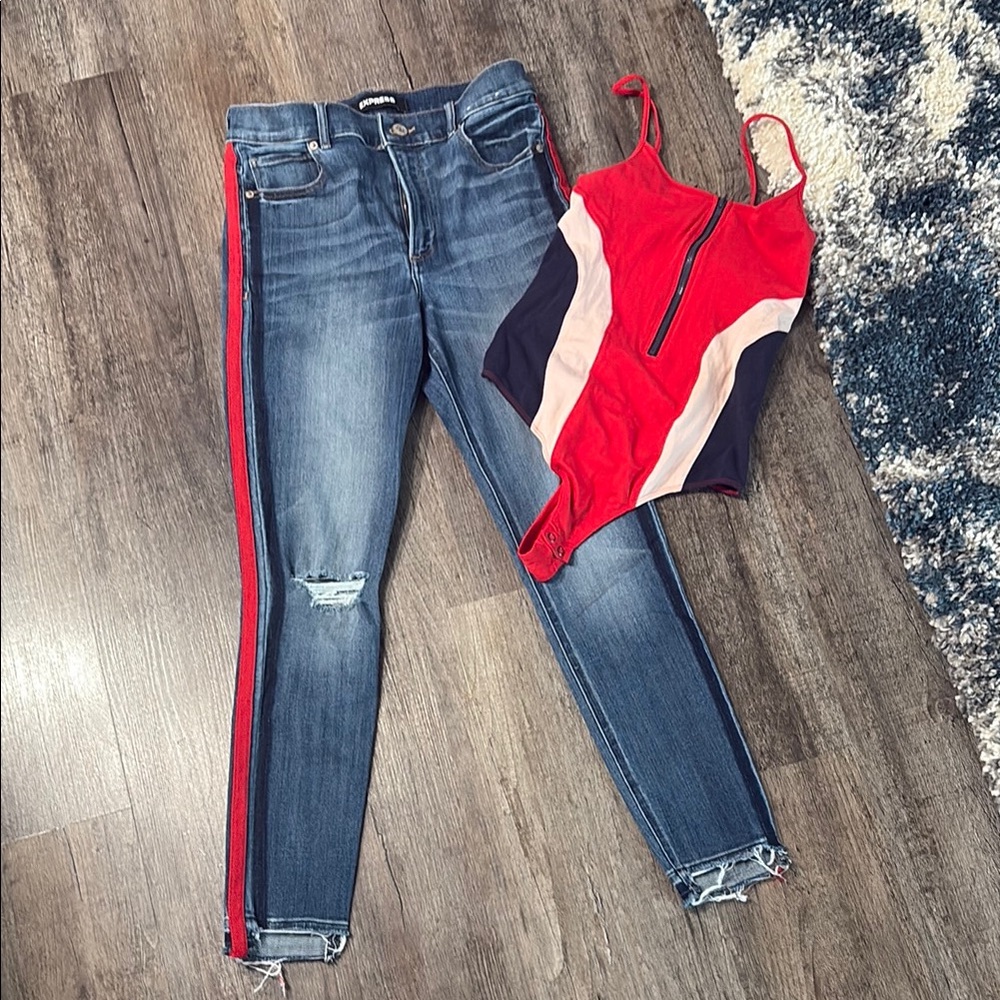 Express Blue Skinny Jeans with Red Stripe